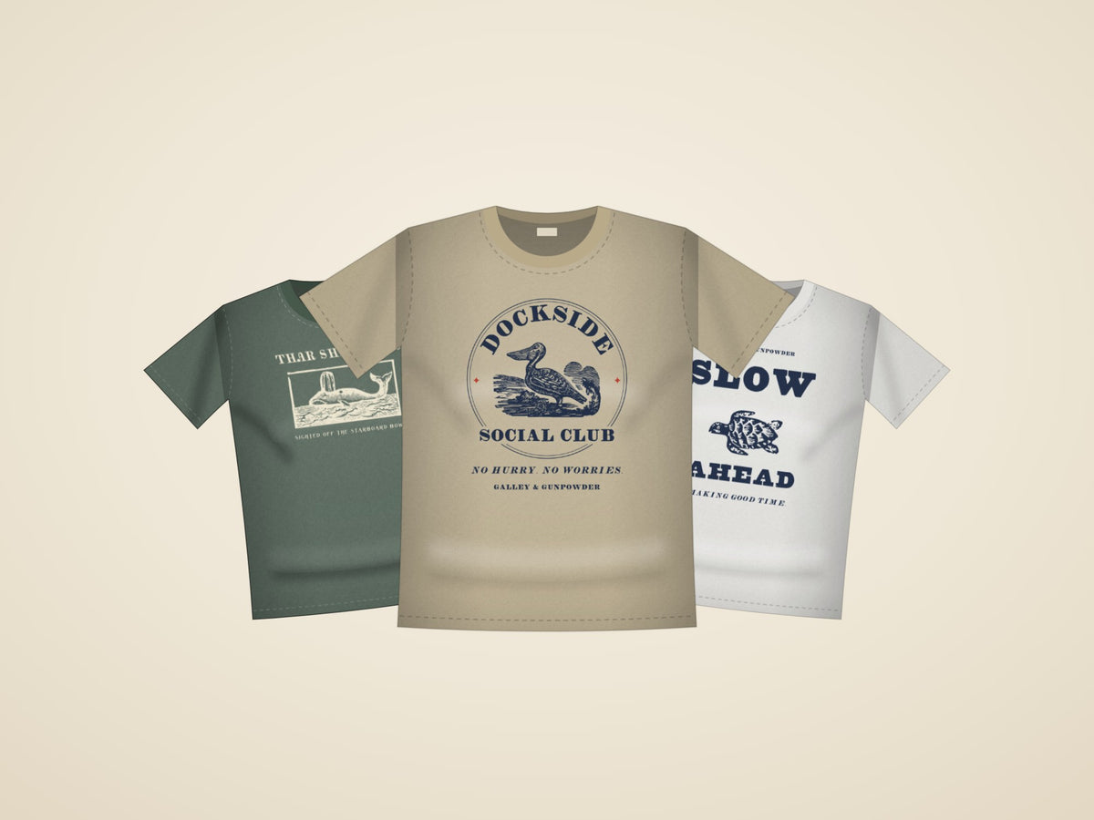 Three shirts from Sea Life: Thar She Blows in blue spruce, Dockside Social Club in khaki and Slow Ahead in white