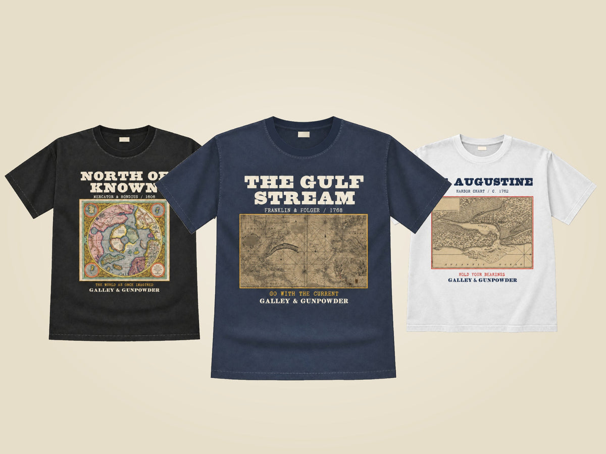Three shirts from The Chart Room: North of Known in black, The Gulf Stream in true navy and St. Augustine in white