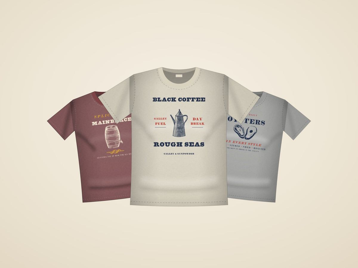 Three shirts from The Galley: Splice the Mainbrace in brick, Black Coffee, Rough Seas in ivory and Oysters in Every Style in grey