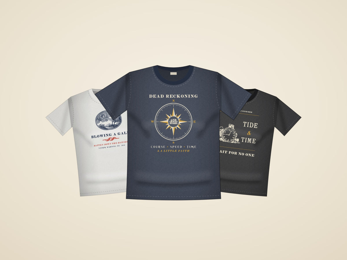 Three shirts from Watch & Weather: Blowing a Gale in white, Dead Reckoning in true navy and Tide & Time in black