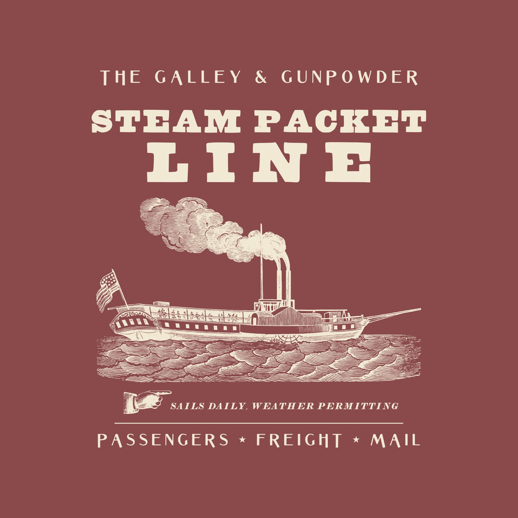 A handbill reading THE GALLEY & GUNPOWDER STEAM PACKET LINE above an engraving of a twin-funnel paddle steamer under smoke, a pointing hand with SAILS DAILY, WEATHER PERMITTING, and PASSENGERS, FREIGHT, MAIL.