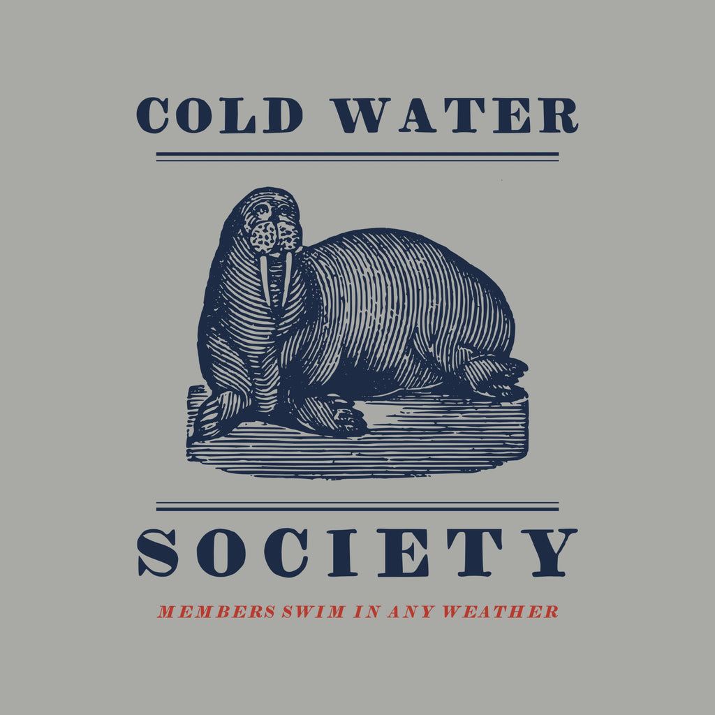 COLD WATER over double rules, an engraving of a walrus with tusks resting on a block, SOCIETY under double rules, and MEMBERS SWIM IN ANY WEATHER in red italic capitals.