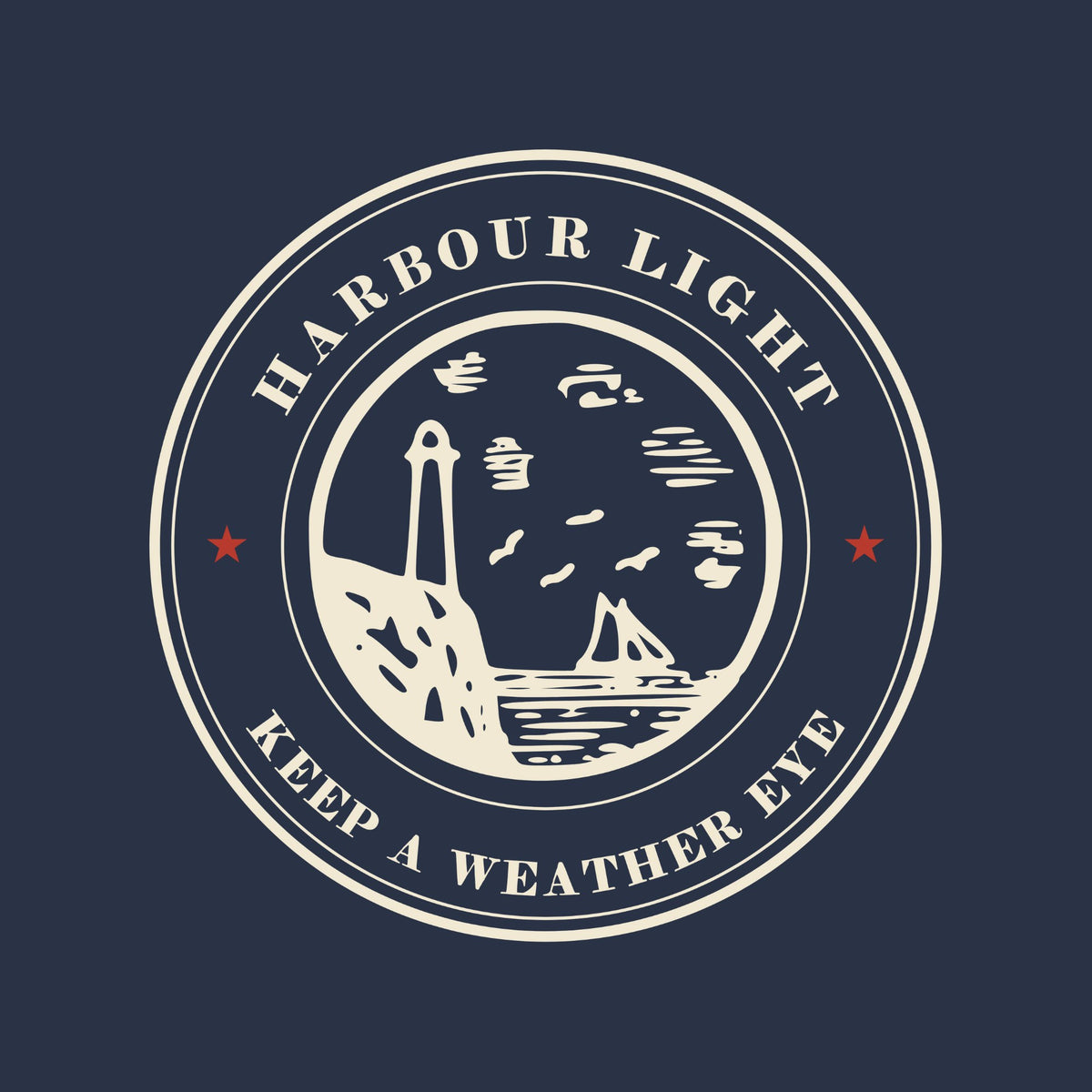 A round seal with HARBOUR LIGHT arched across the top and KEEP A WEATHER EYE around the bottom, two red stars, and at its centre an 1889 medallion of a lighthouse on rocks, a sailboat and gulls.