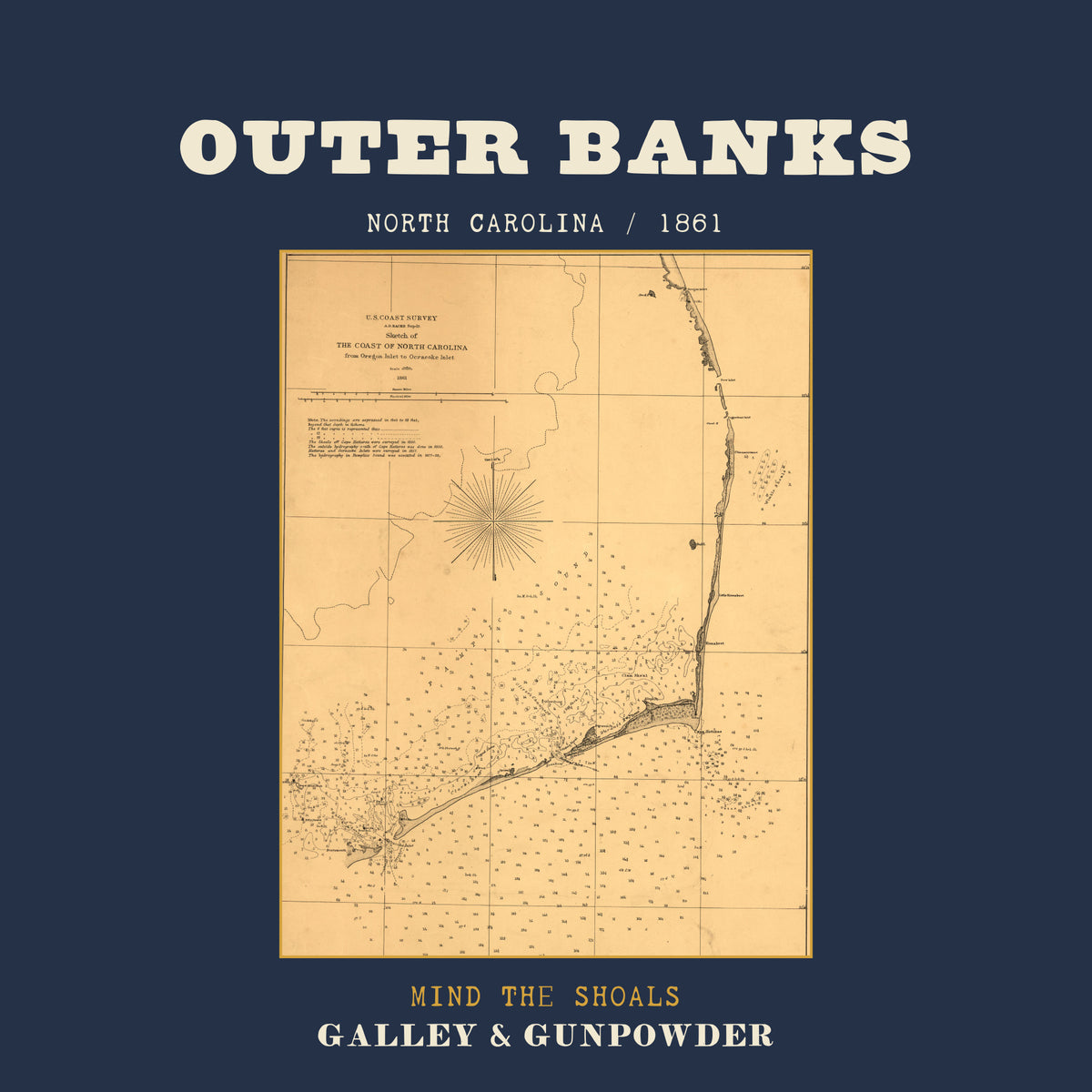 OUTER BANKS in bold cream capitals over NORTH CAROLINA / 1861, above an 1861 Coast Survey chart of the Outer Banks with a compass rose and the long curve of Cape Hatteras, framed in brass, with MIND THE SHOALS in brass and GALLEY & GUNPOWDER below.