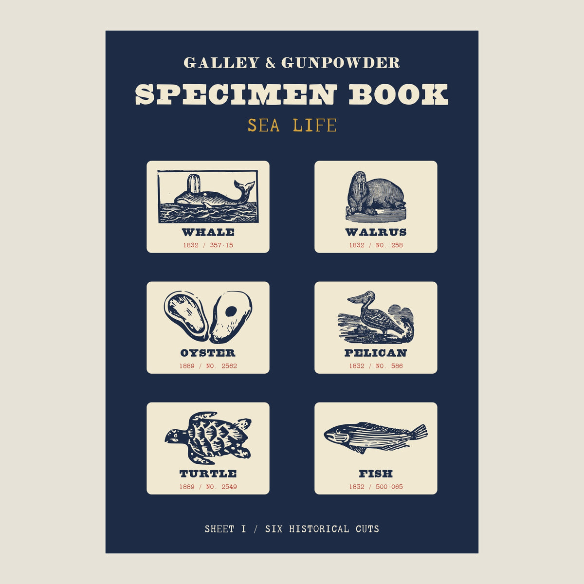 Sea Life sticker sheet: SPECIMEN BOOK, SEA LIFE on navy, with six cream stickers of a whale, walrus, oyster, pelican, turtle and fish, each with its year and cut number, and SHEET I / SIX HISTORICAL CUTS below.