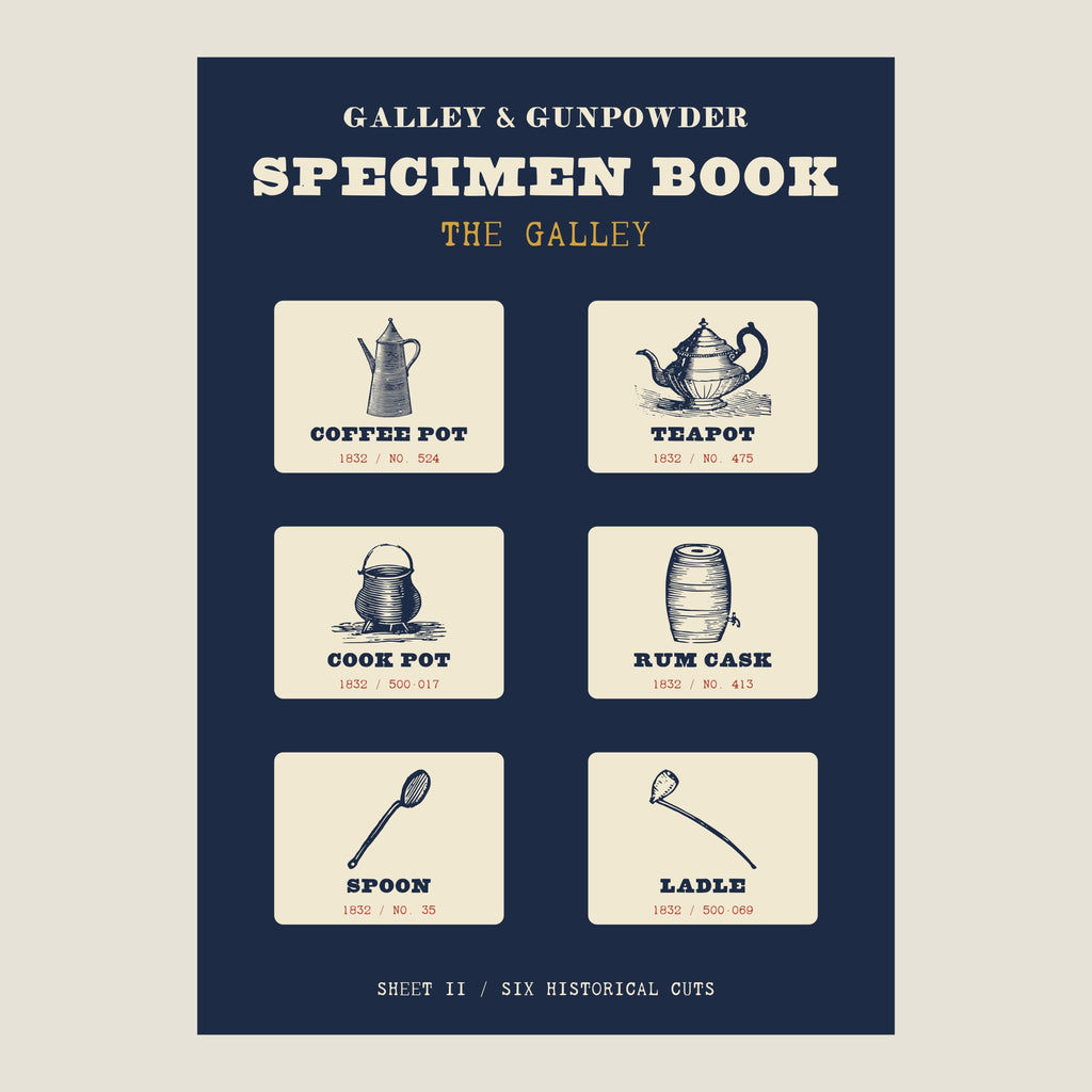 The Galley sticker sheet: SPECIMEN BOOK, THE GALLEY on navy, with six cream stickers of a coffee pot, teapot, cook pot, rum cask, spoon and ladle, each with its year and cut number, and SHEET II / SIX HISTORICAL CUTS below.