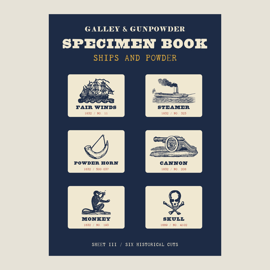 Ships and Powder sticker sheet: SPECIMEN BOOK, SHIPS AND POWDER on navy, with six cream stickers of a sailing ship, steamer, powder horn, cannon, monkey and skull, each with its year and cut number, and SHEET III / SIX HISTORICAL CUTS below.
