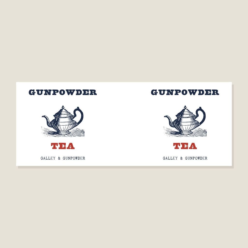 Gunpowder Tea mug print: an engraved ornate teapot in navy between GUNPOWDER in navy and TEA in red, above GALLEY & GUNPOWDER, shown twice for the two sides of the mug.