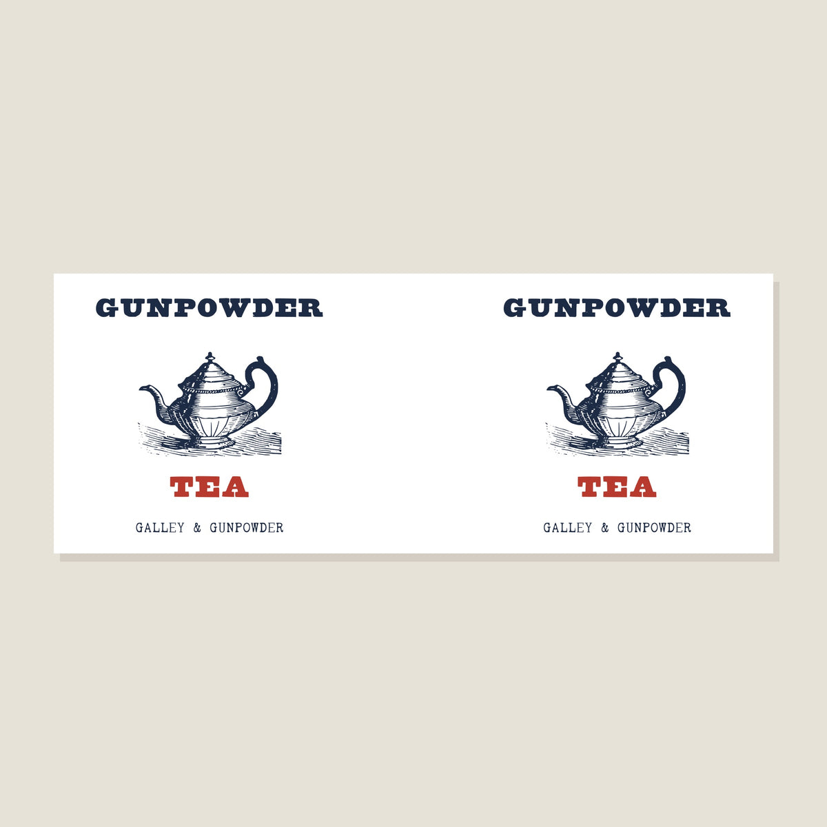 Gunpowder Tea mug print: an engraved ornate teapot in navy between GUNPOWDER in navy and TEA in red, above GALLEY & GUNPOWDER, shown twice for the two sides of the mug.