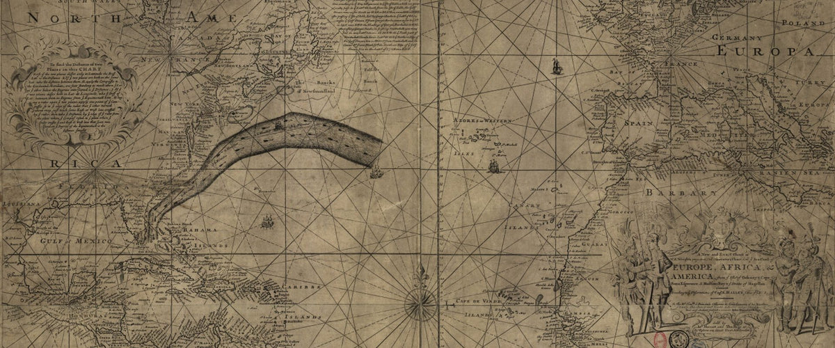 Detail of the 1768 Franklin and Folger chart of the Gulf Stream across the North Atlantic.