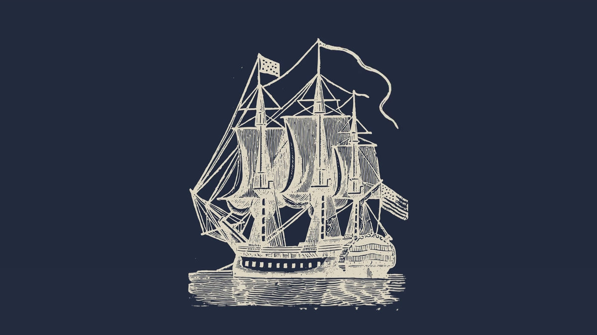 An engraved warship under sail, flags flying